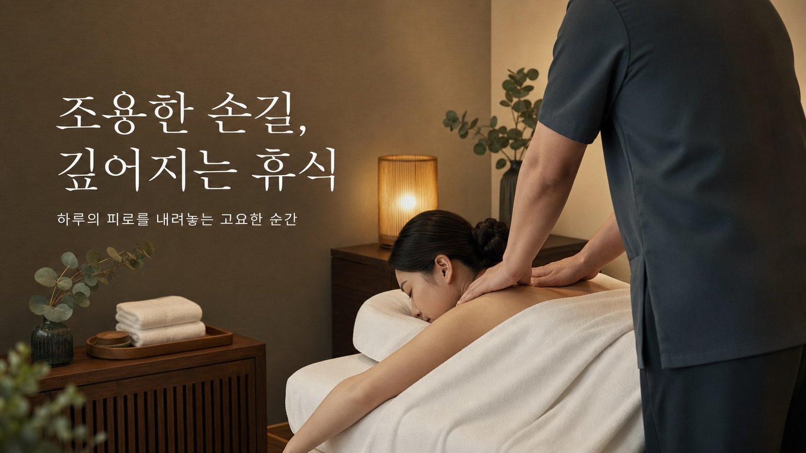여성 고객이 편안하게 엎드린 상태에서 남성 관리사의 등 관리를 받는 프라이빗 케어 장면